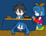 Miku, Rin y Len desayunando