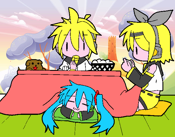 Miku, Rin y Len desayunando