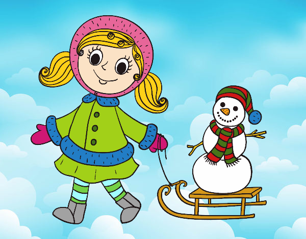 Dibujo Niña con trineo y muñeco de nieve pintado por Faabii