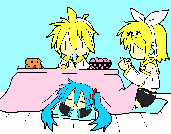 Miku, Rin y Len desayunando