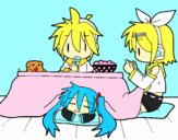 Miku, Rin y Len desayunando