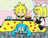 Miku, Rin y Len desayunando