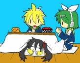 Miku, Rin y Len desayunando