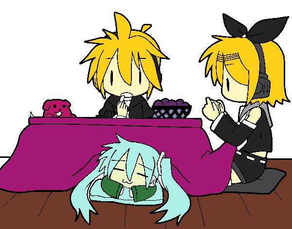 Miku, Rin y Len desayunando