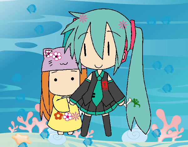 miku ayudando a kasane en el agua 