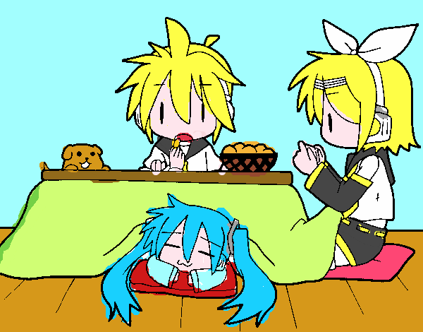 Miku, Rin y Len desayunando