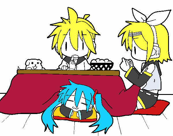 Miku, Rin y Len desayunando