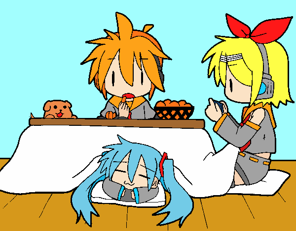 Miku, Rin y Len desayunando