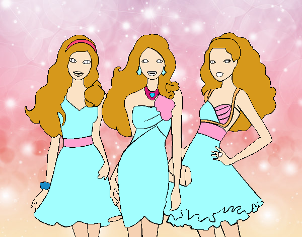 Dibujo Barbie y sus amigas vestidas de fiesta pintado por valeruca