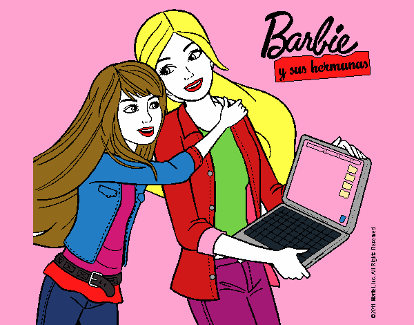 barbie y su hermana con su computadora