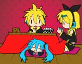 Miku, Rin y Len desayunando