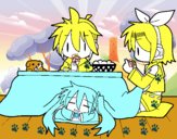 Miku, Rin y Len desayunando