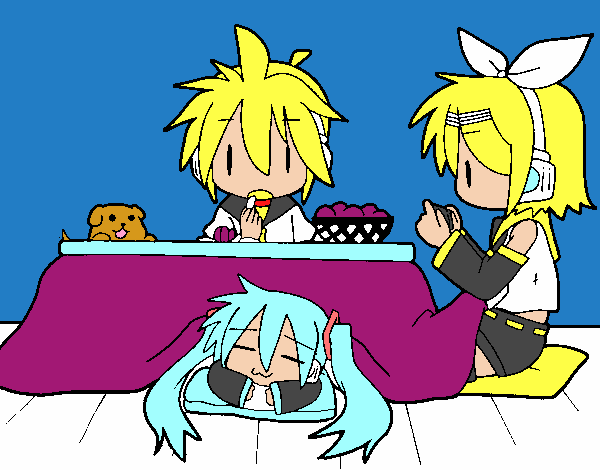 Miku, Rin y Len desayunando