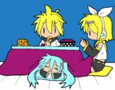 Miku, Rin y Len desayunando