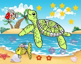 Tortuga de mar con peces