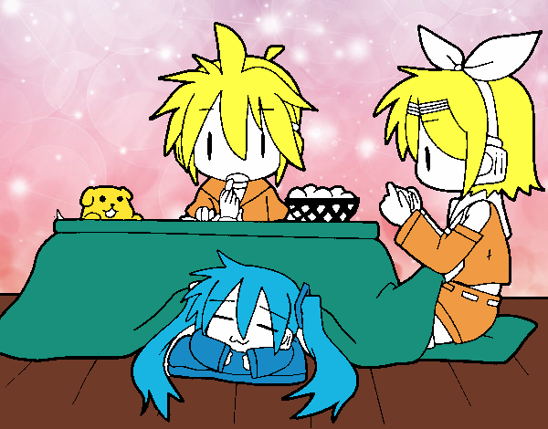 Miku, Rin y Len desayunando