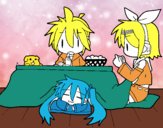 Miku, Rin y Len desayunando