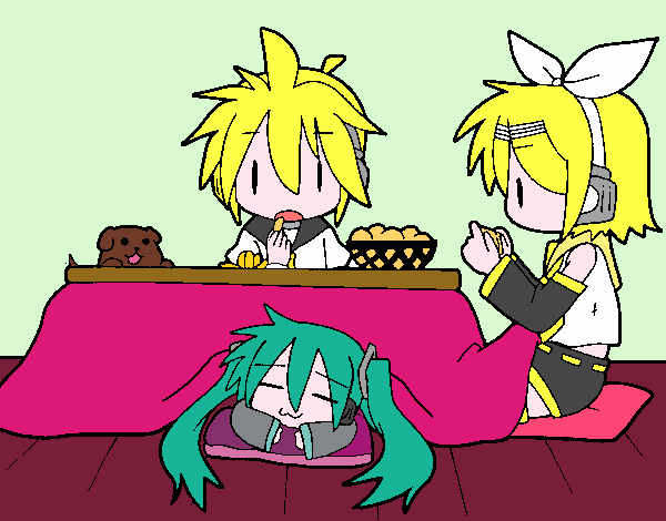 Miku, Rin y Len desayunando