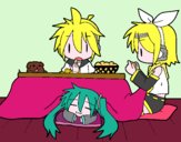 Dibujo Miku, Rin y Len desayunando pintado por zanmartin1