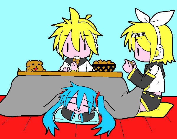 rin y len desayunando y miku espiando