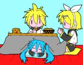 Miku, Rin y Len desayunando