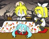 Miku, Rin y Len desayunando