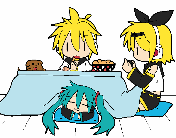 Miku, Rin y Len desayunando