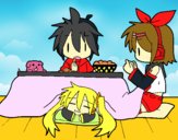 Miku, Rin y Len desayunando