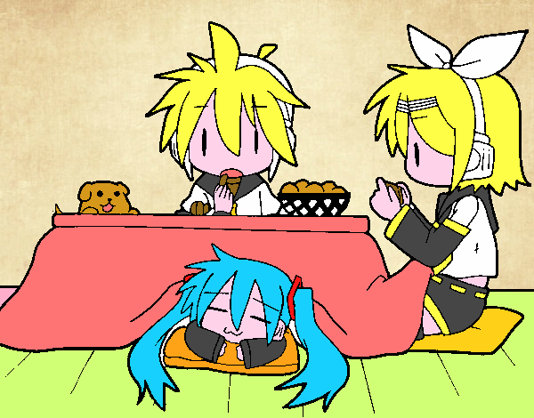 Miku, Rin y Len desayunando