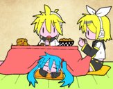 Miku, Rin y Len desayunando