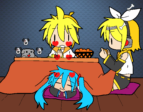 Miku, Rin y Len desayunando