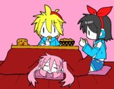 Miku, Rin y Len desayunando