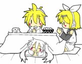 Miku, Rin y Len desayunando