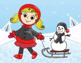 Dibujo Niña con trineo y muñeco de nieve pintado por annie9000