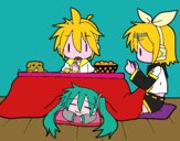 Miku, Rin y Len desayunando