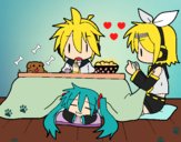 Miku, Rin y Len desayunando