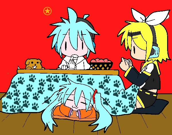 Miku, Rin y Len desayunando