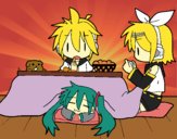 Miku, Rin y Len desayunando