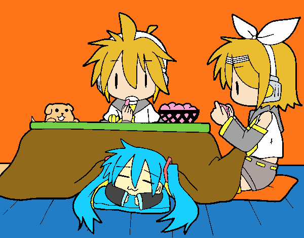 Miku, Rin y Len desayunando