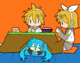 Miku, Rin y Len desayunando