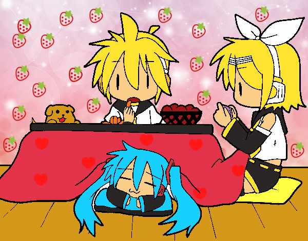 Miku, Rin y Len desayunando