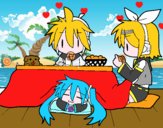 Miku, Rin y Len desayunando