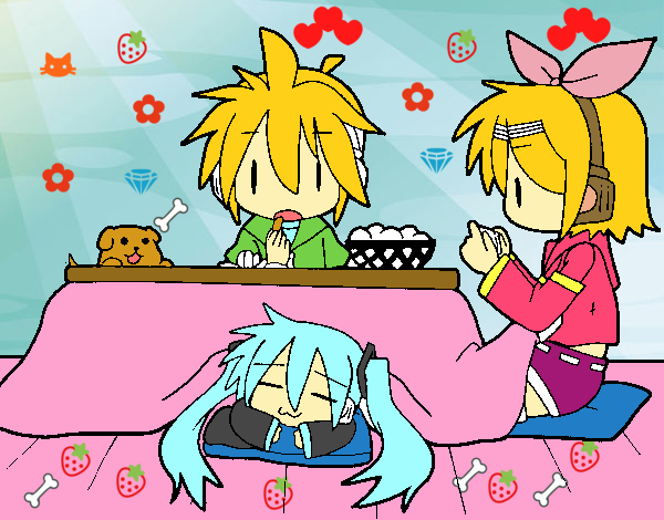 Miku, Rin y Len desayunando