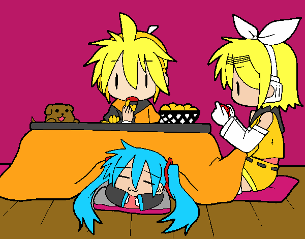 Miku, Rin y Len desayunando