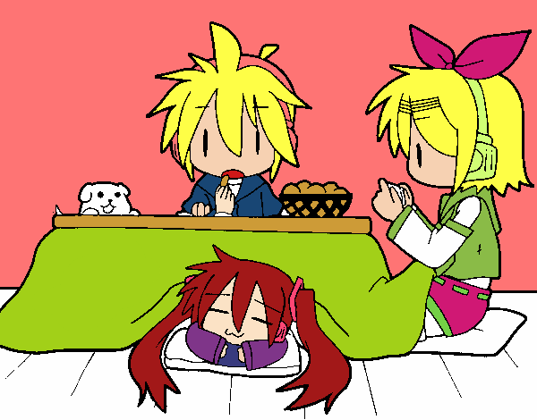 Miku, Rin y Len desayunando