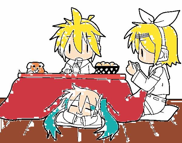 Miku, Rin y Len desayunando