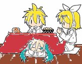 Miku, Rin y Len desayunando