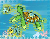 Tortuga de mar con peces