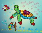 Tortuga de mar con peces