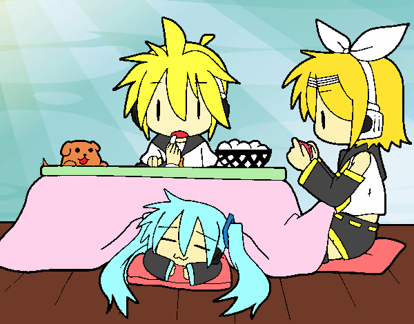 Miku, Rin y Len desayunando